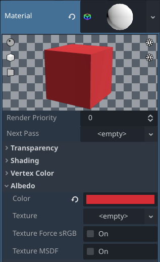 The material settings in the Inspector panel